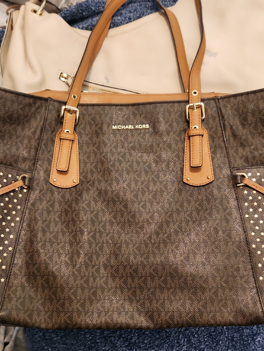 Michael Kors Dark Brown MK Monogram Tote with Tan Trim